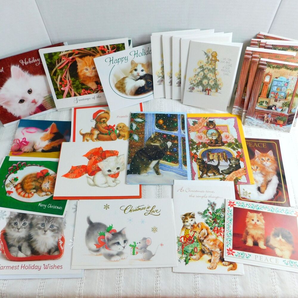 Christmas Greeting Cards Cats Kitties Lot of 31 w/ Envelopes Holiday Duplicates